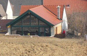 Blick vom Weinberg auf das Verkostungsstüberl Müllner